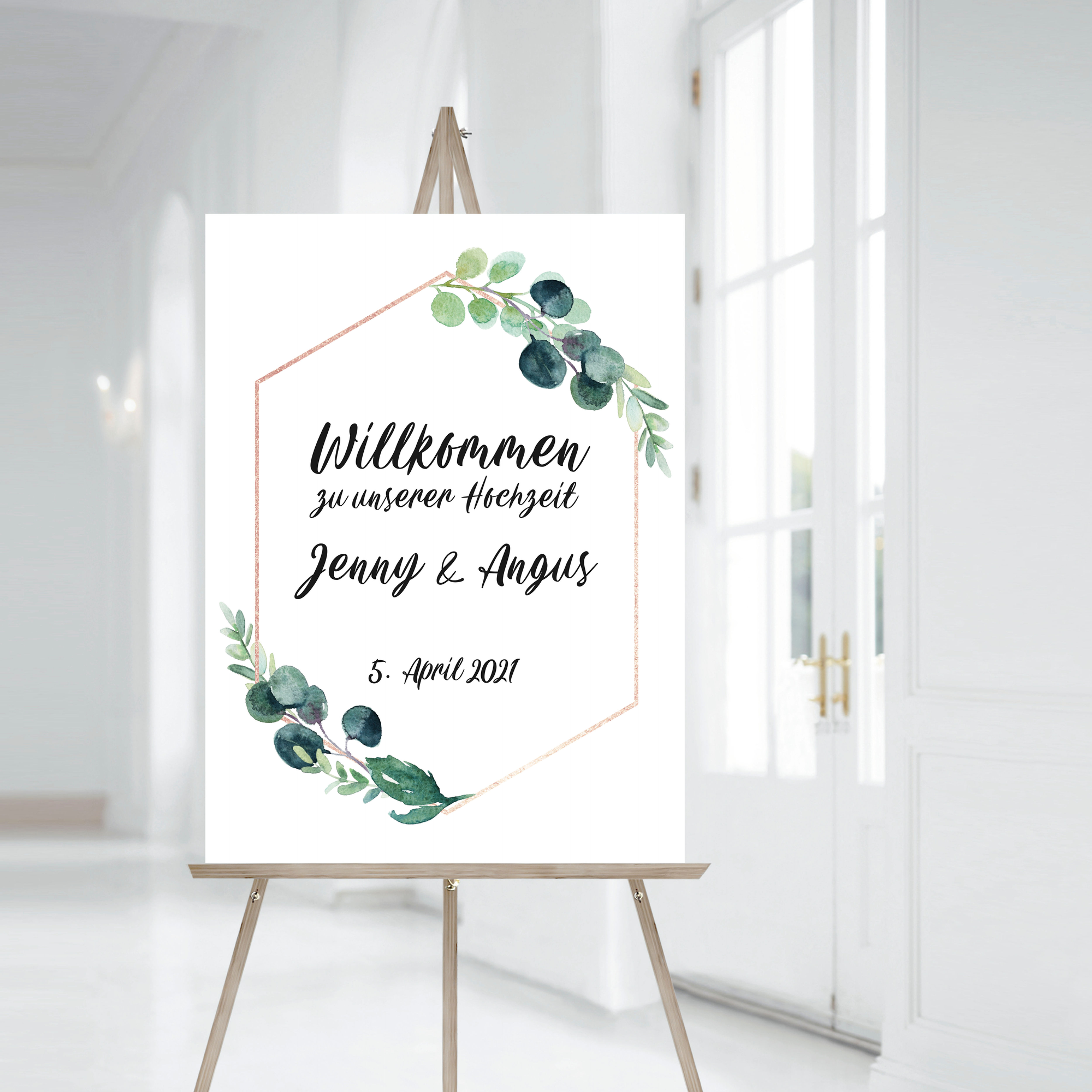 Eukalyptus Kranz mit Gold Rahmen Willkommensschild, Begrüßungsschild mit Namen