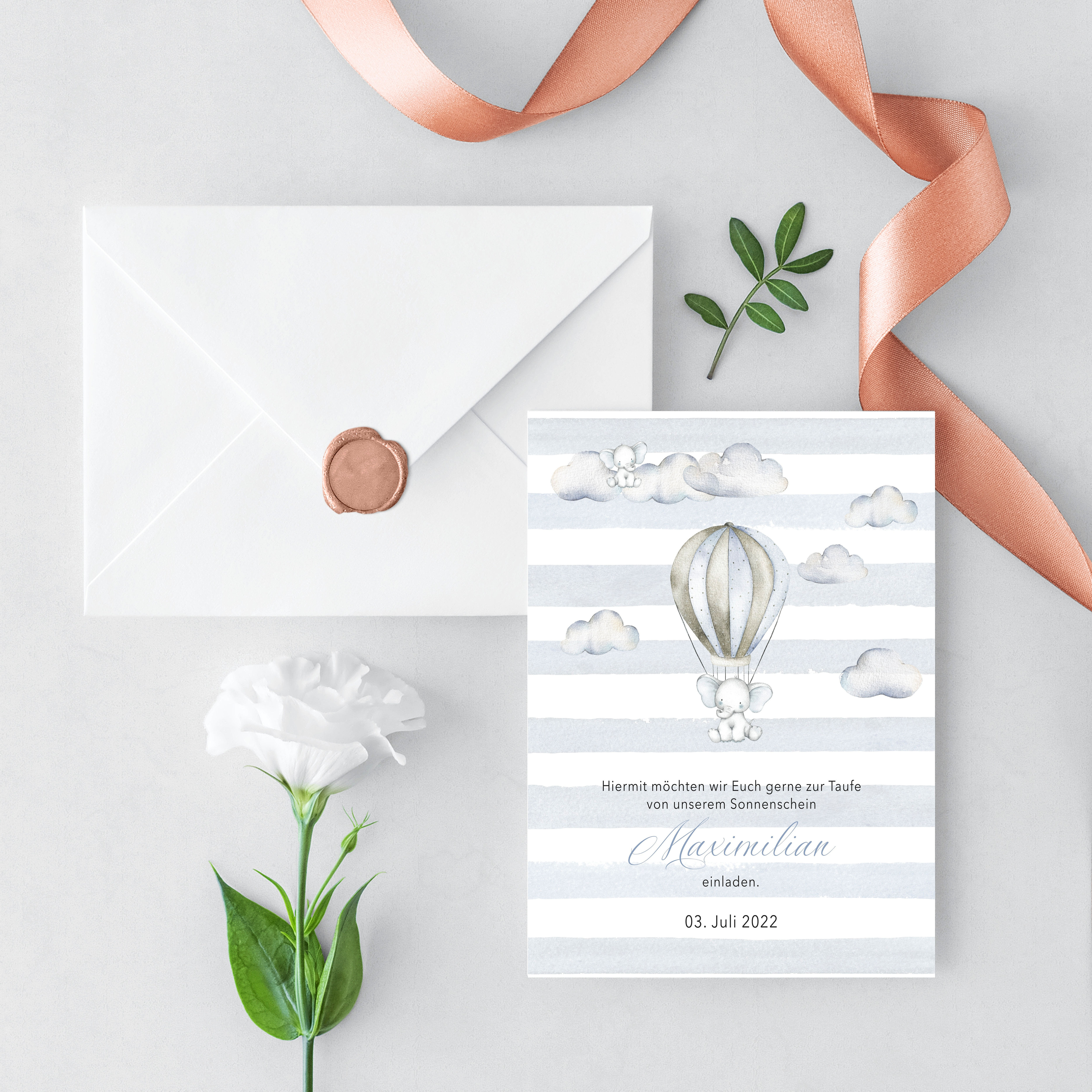 Invitation card baptism, hot air balloon with baby elephant, baby blue
