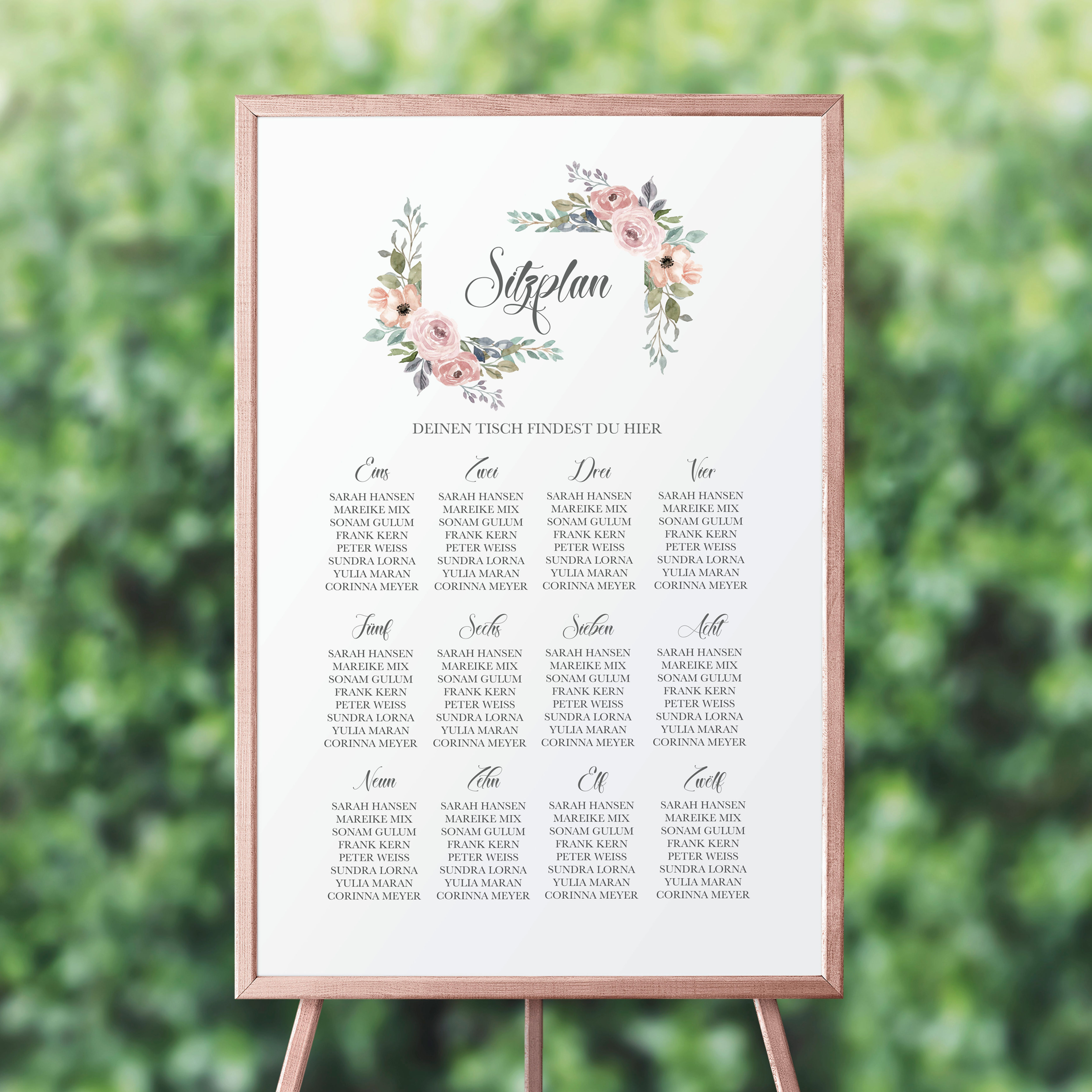 Sitzplan als Plakat, Tischplan für Gäste Liste Geburtstag, Wasserfarbe rosa