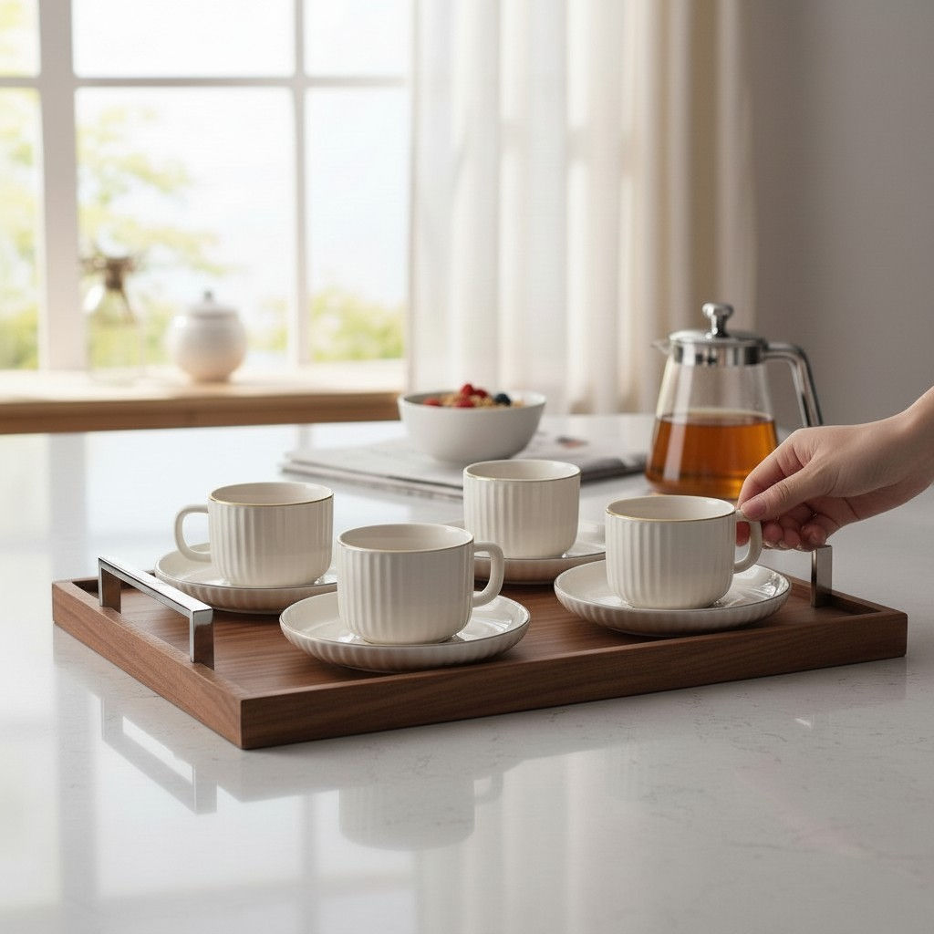 Rippled White and Gold Rim Tea Cups Set of 6