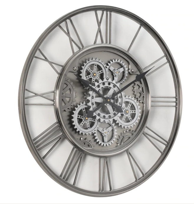 Thumbnail: Roman Rustic Silver Industrial Wall Clock 60cm