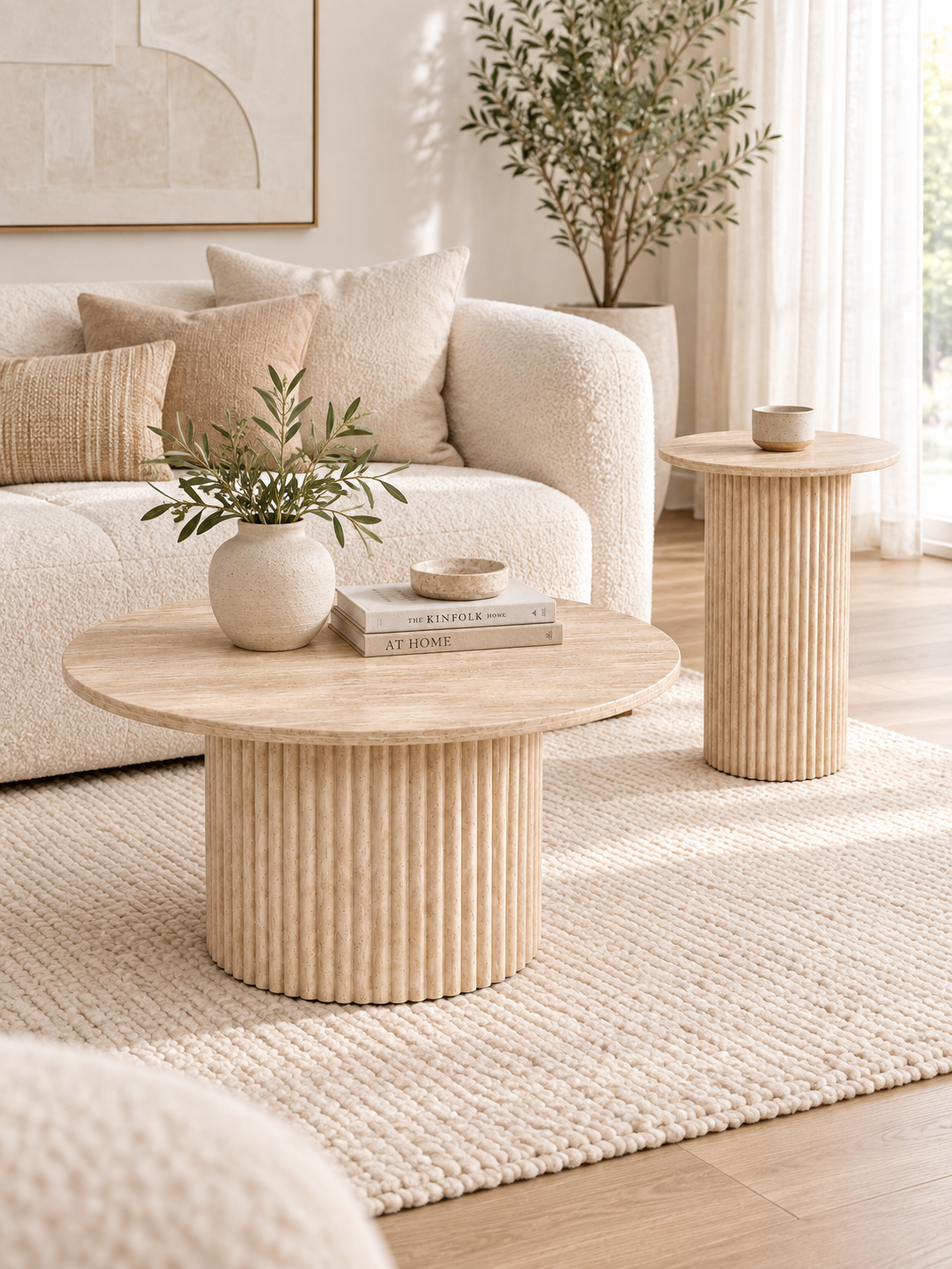 Travertine Textured Timber Rippled Coffee Tables Set 2