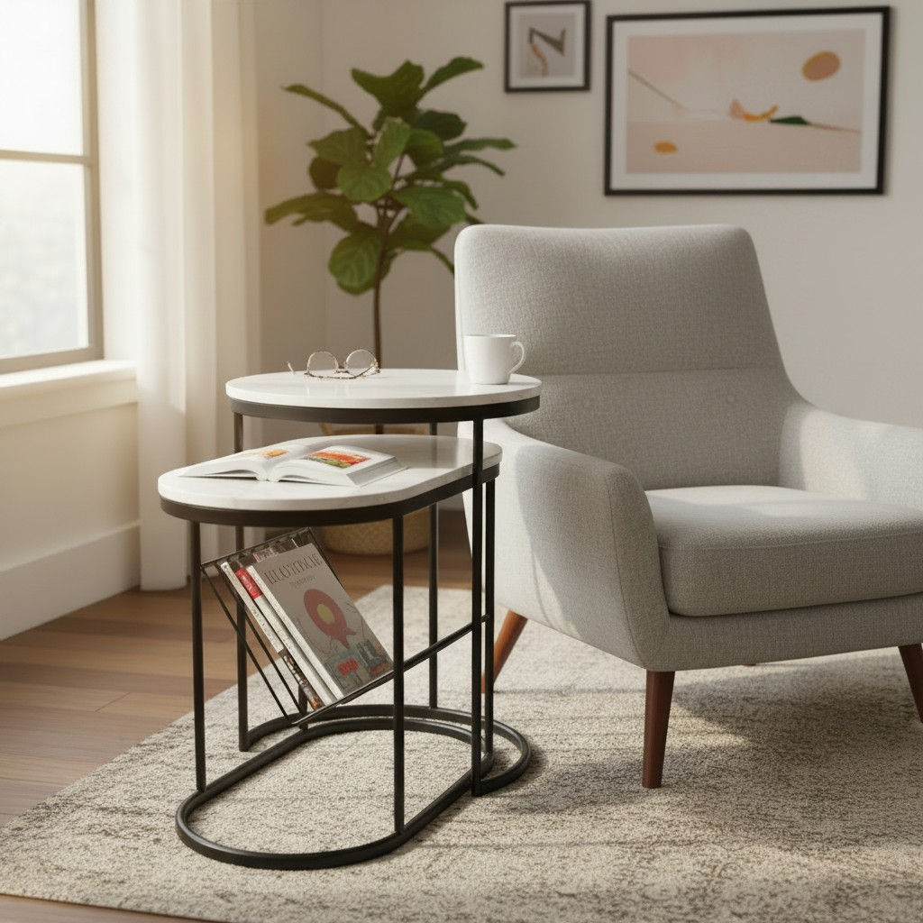 Marble Black Set of 2 Side Tables Magazine Rack