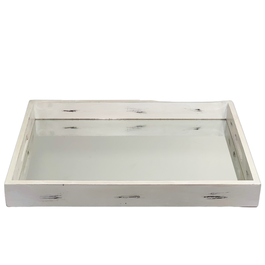 White Wash Mirror Timber Tray Large