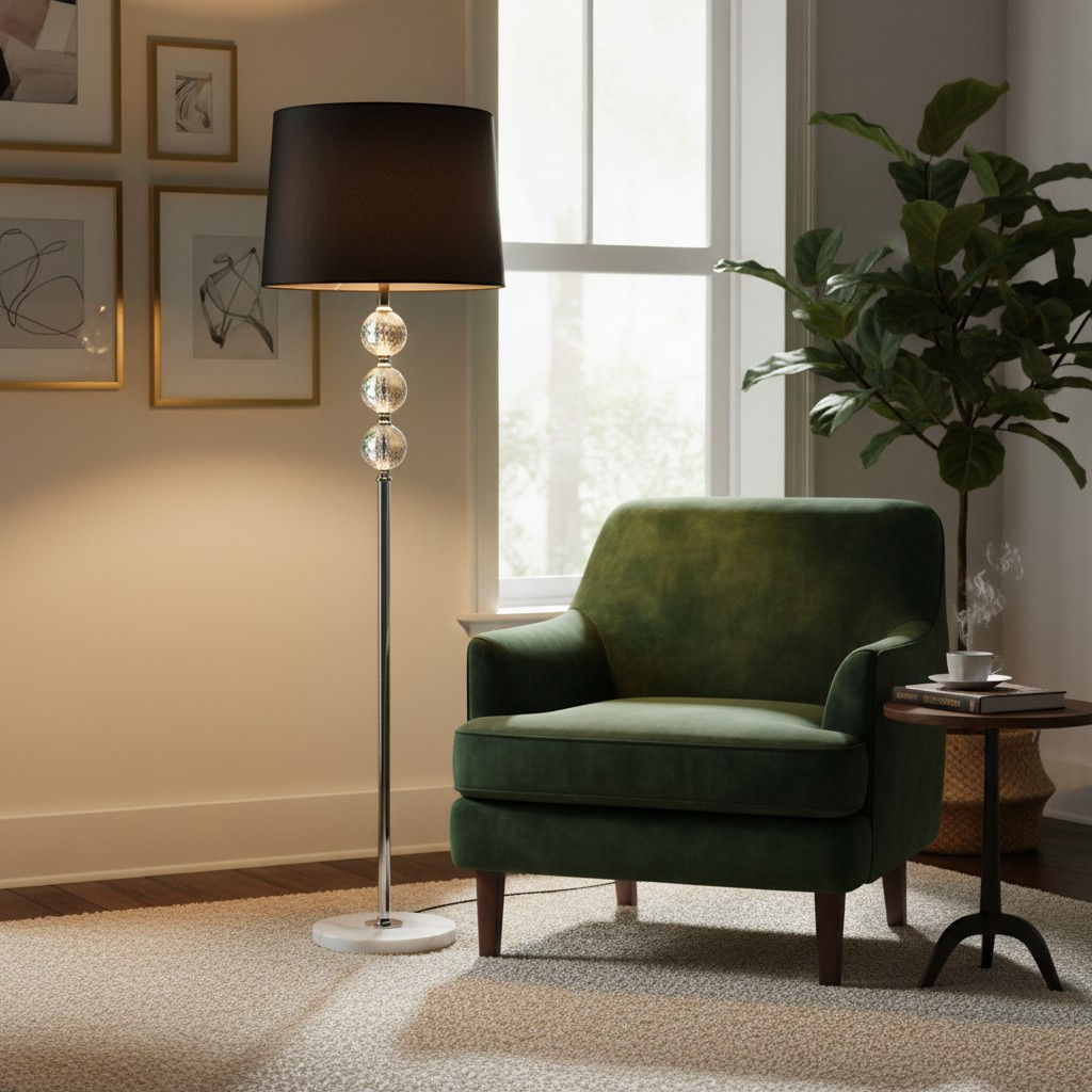The Royal Crystal Ball Silver Stem Floor Lamp - Black Shade