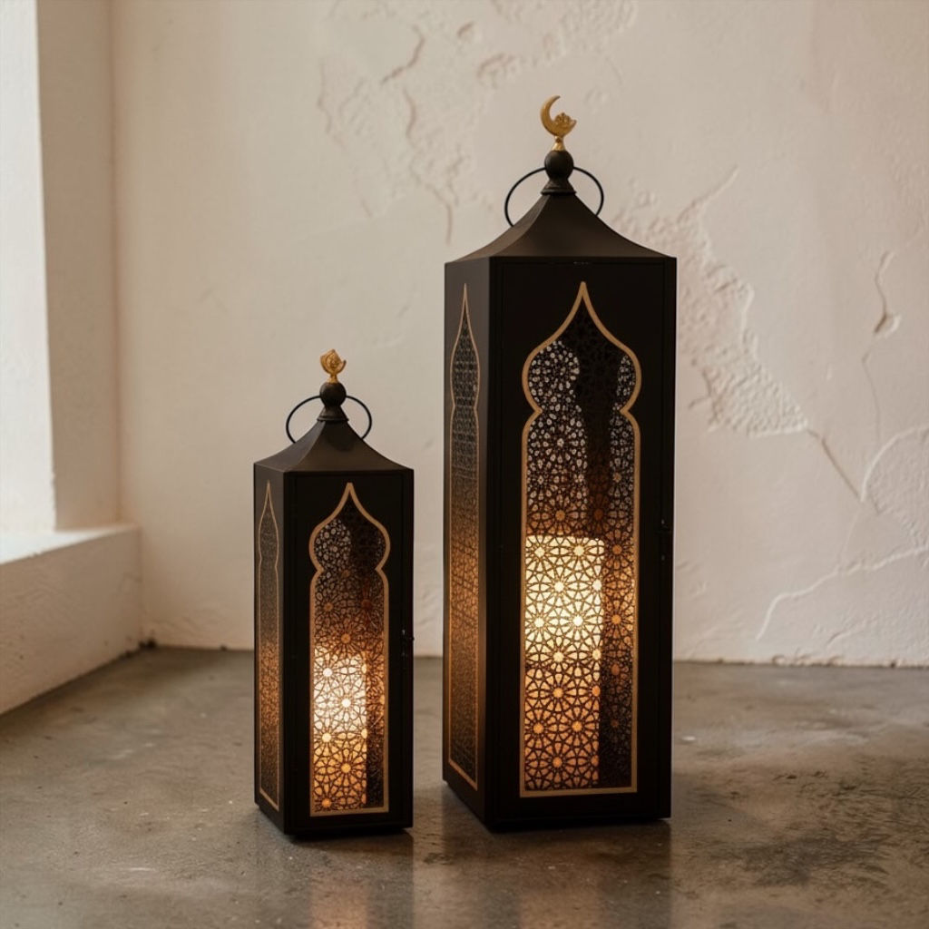 Moroccan Black & Gold Metal Set of 2 Lanterns