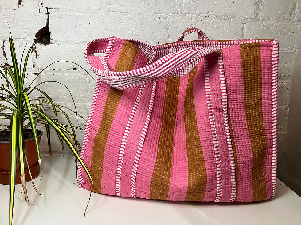 Thumbnail: Quilted Tote Bag - Pink and Tan Stripe