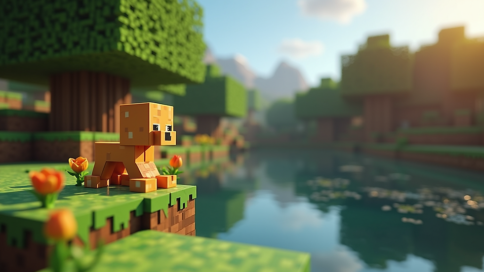 Geniş açılı görünümde Minecraft sunucusu ile oyuncuların birlikte oyun oynadığı bir sahne