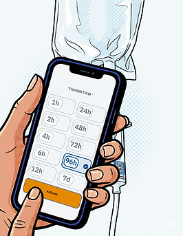 Clinical workflow graphic shows a user activating a countdown option for an IV administration set from the Timertag Pro user experience screen.