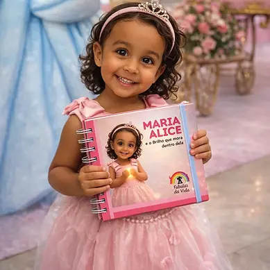 Menina com seu livro personalizado com sua historia infantil.webp