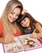Mãe e filha pintando livro de colorir com suas fotos.webp