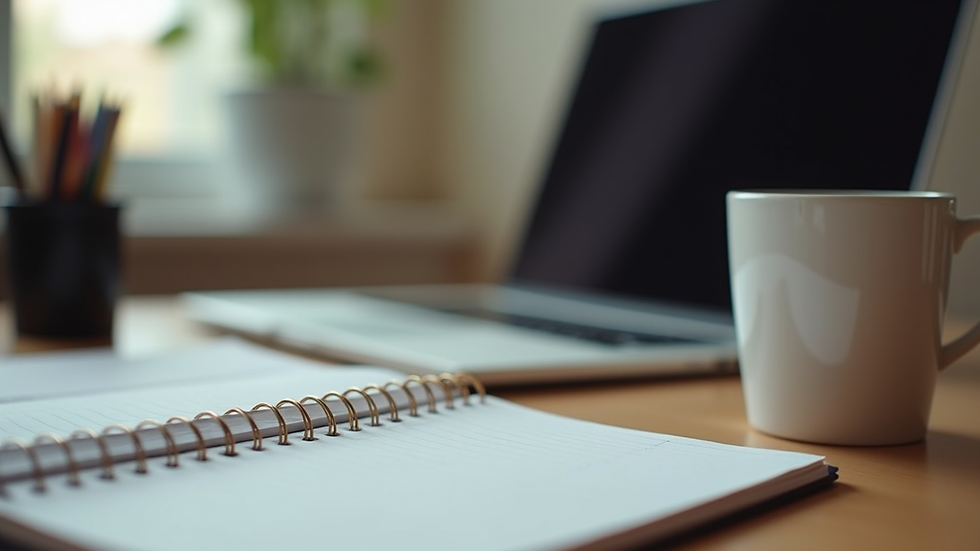 Close-up view of a student’s desk with a laptop, notebook, and coffee cup