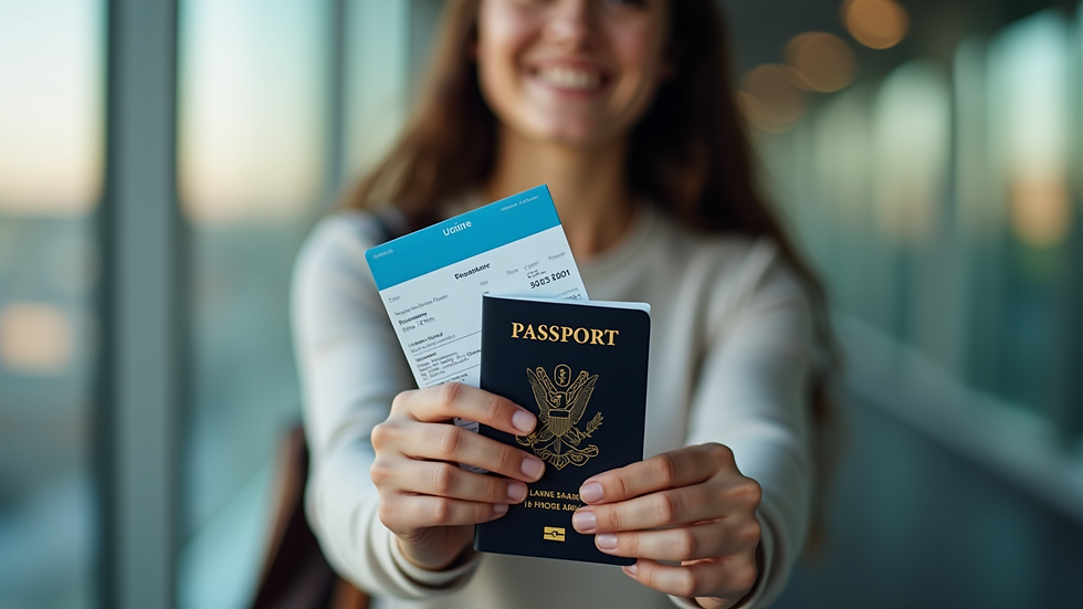 Close-up view of a student holding a passport and plane ticket