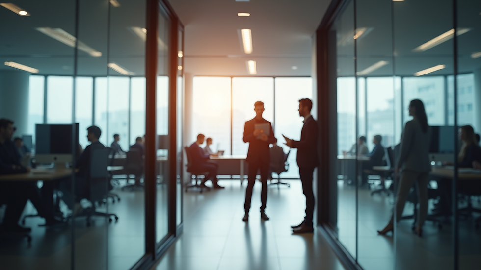 Eye-level view of a modern office space with employees collaborating