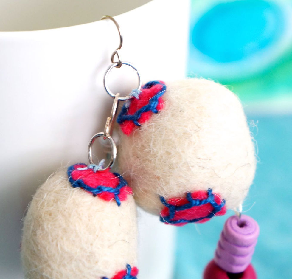 Thumbnail: Whimsical Fuschia and Cream Felt Ball Earrings
