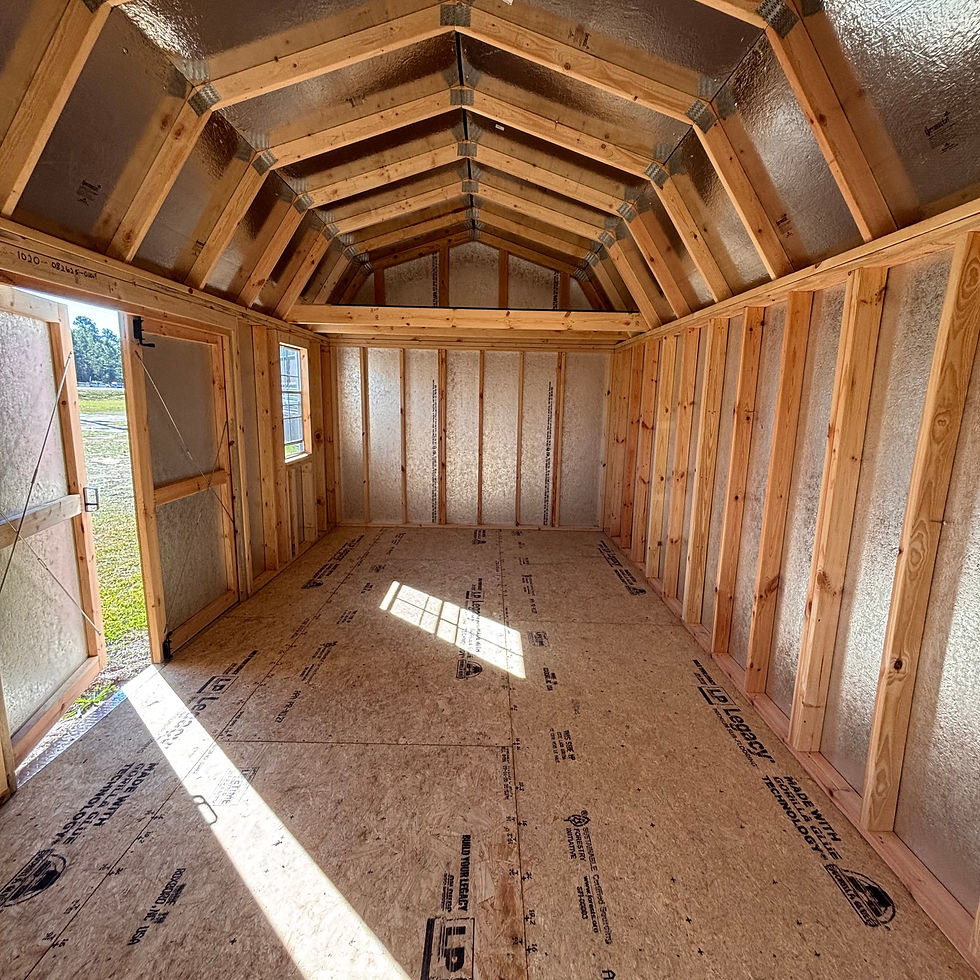 Thumbnail: Interior wide view of the unfinished shed showing floor, rafters, wall studs, radiant barrier, and open door.