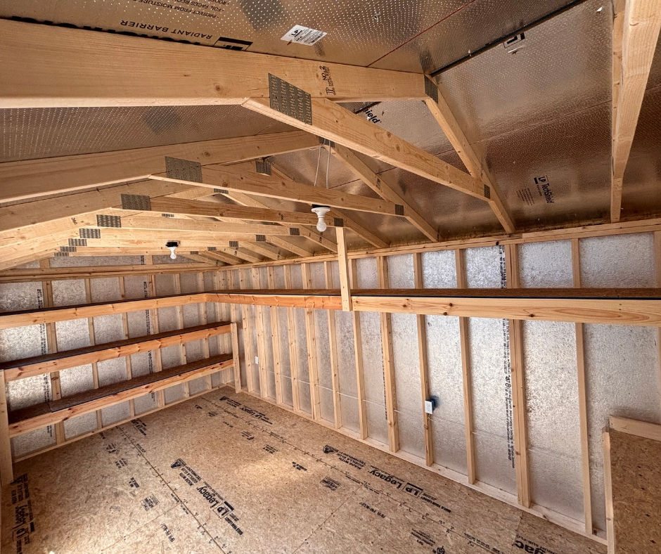 Thumbnail: Grey and White 10x20 side utility storage shed interior with U-loft and shelving.