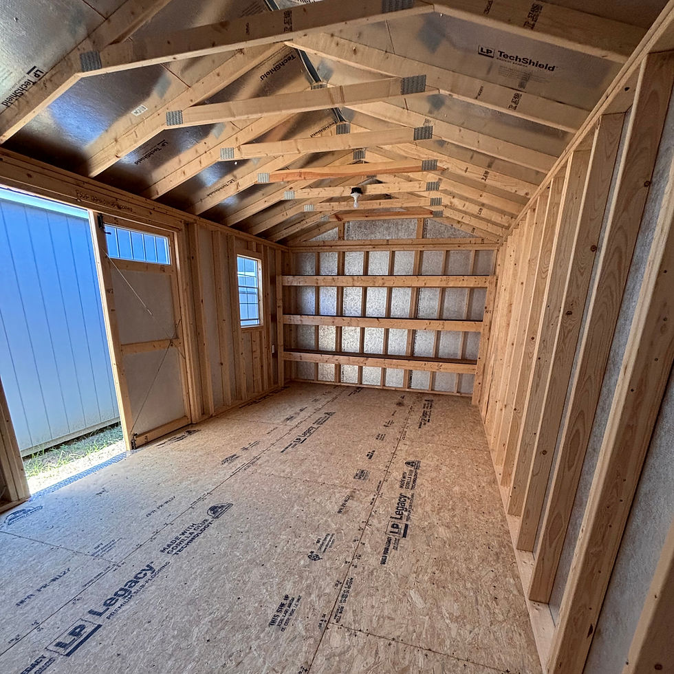 Thumbnail: 12x24 Side utility shed interior with wood floors, 2x4 studs.