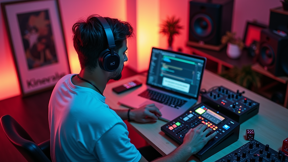 High angle view of a music producer working with headphones and a laptop