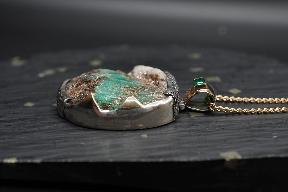 Thumbnail: Rough Emerald with Faceted Emerald Pendant with 18ct Gold & Sterling Silver