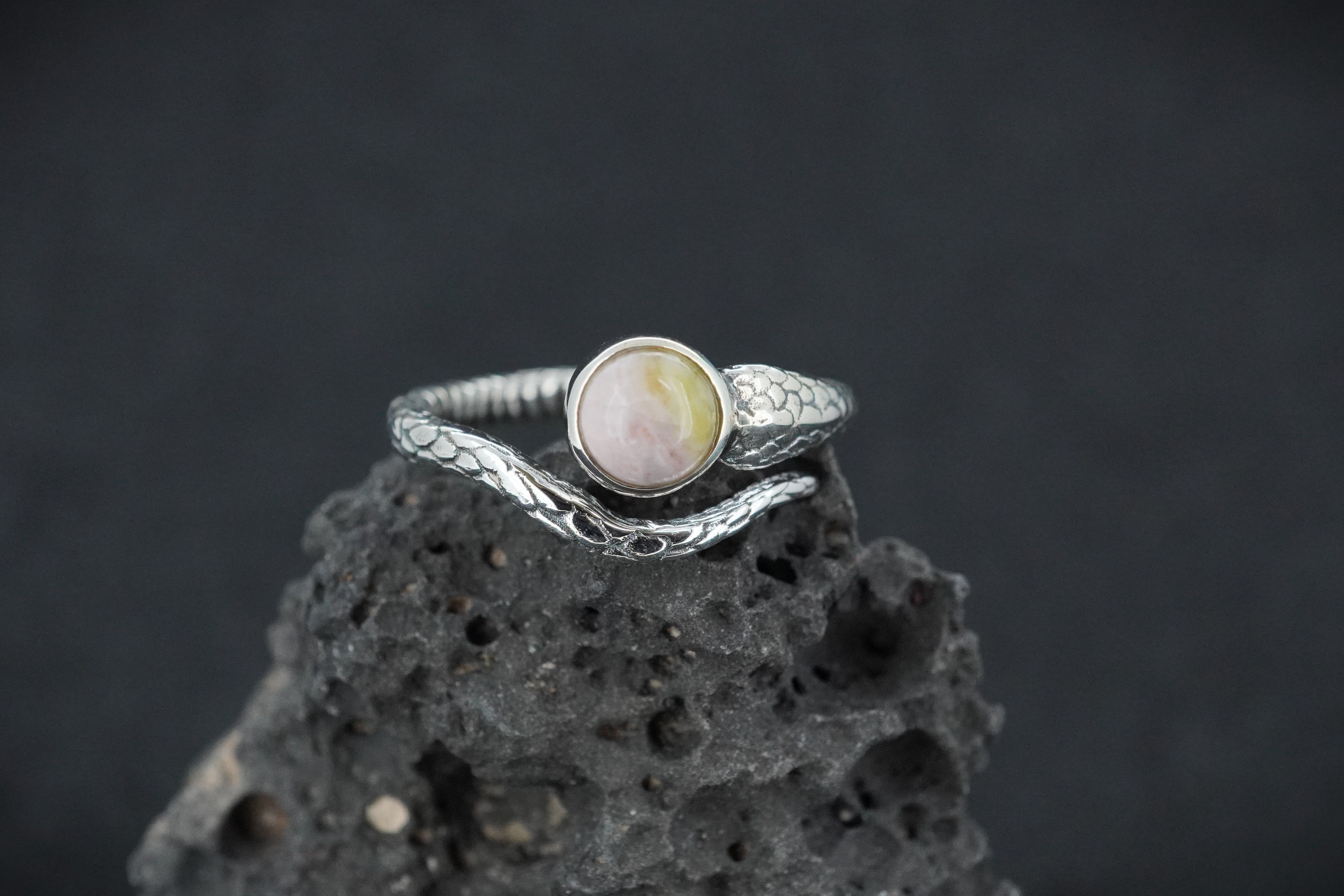 Rare Pink Skye Marble Sterling Silver Serpent Ring