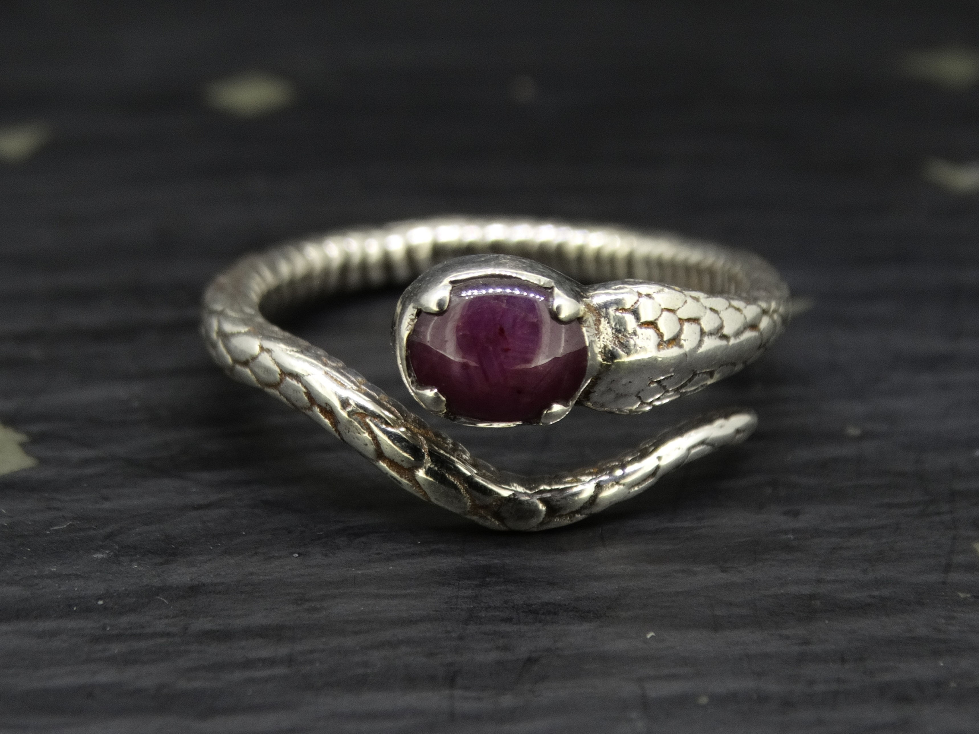Natural Pink Star Ruby Sterling Silver Serpent Ring