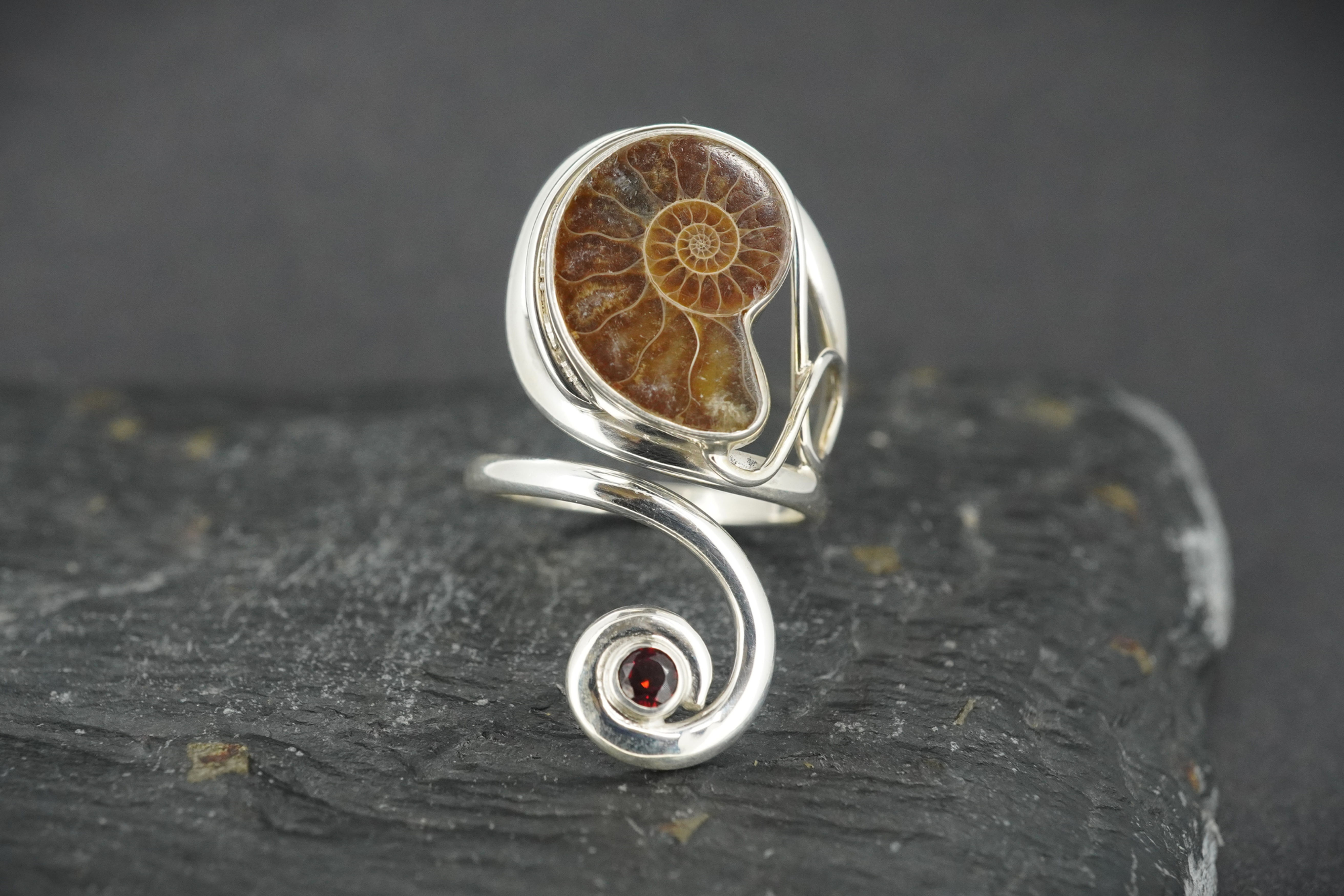 Ammonite & Red Garnet Sterling Silver Ring