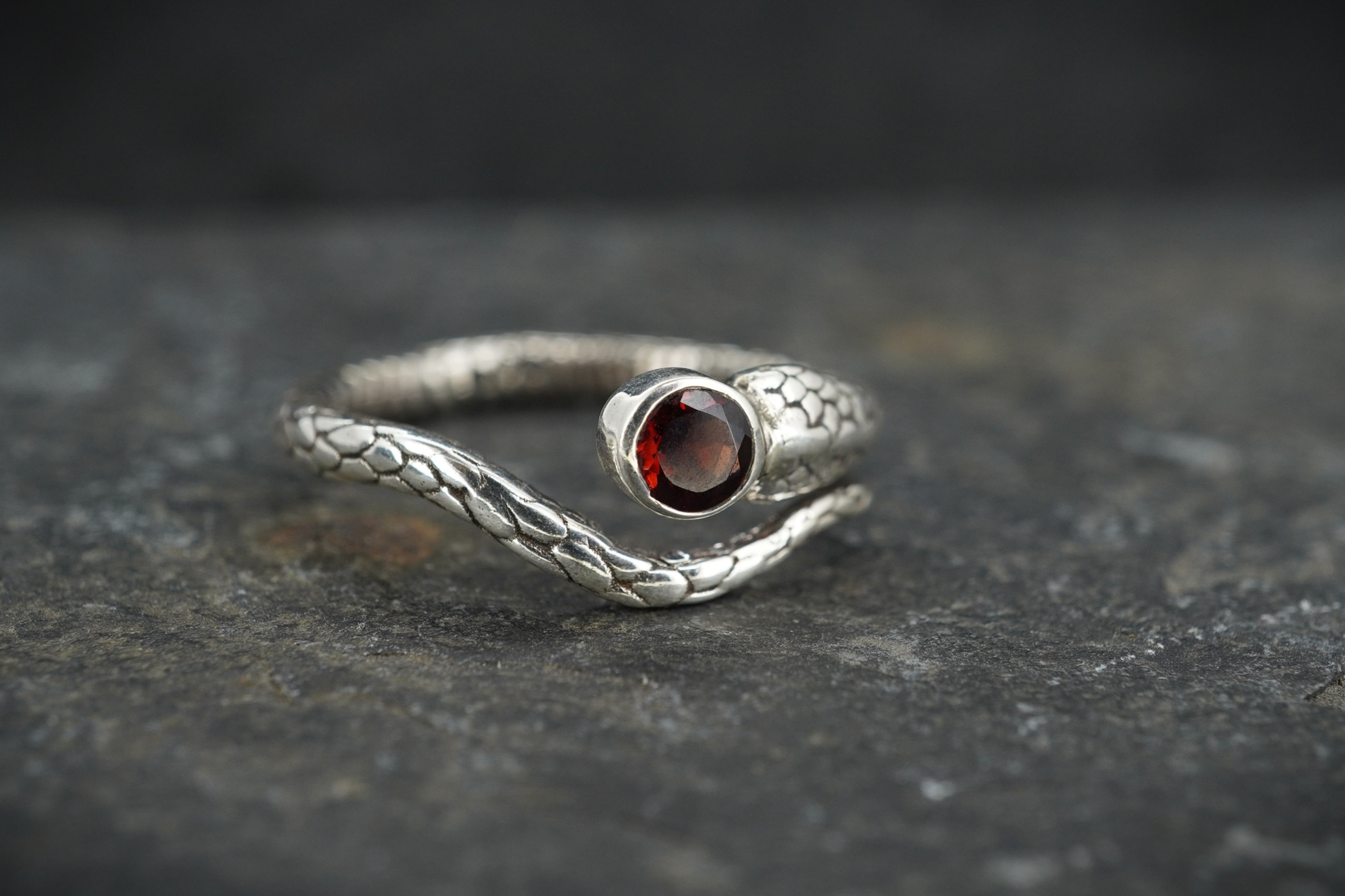 Round Garnet Sterling Silver Serpent Ring