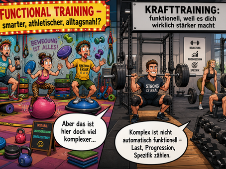 Comicbild: Links übertriebener „Functional-Training“-Zirkus mit instabilen Geräten und leichten Gewichten, rechts einfaches schweres Krafttraining mit Kniebeugen und Kreuzheben, das echte funktionelle Stärke zeigt.