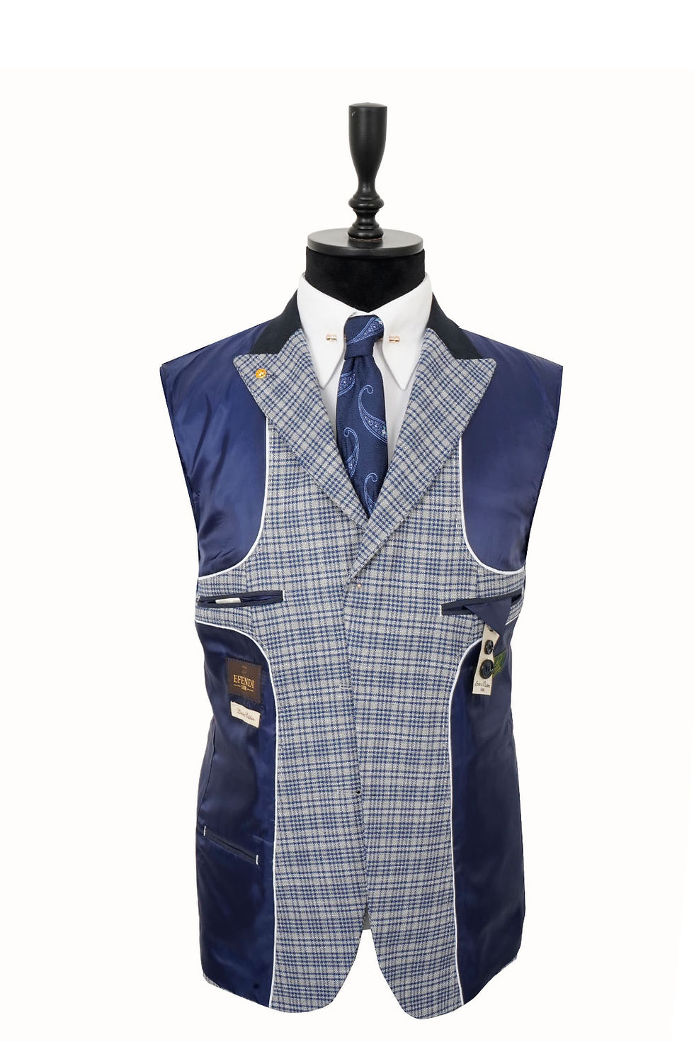 Thumbnail: Men's Suit Peak Lapel Grey-Blue Checked Wool