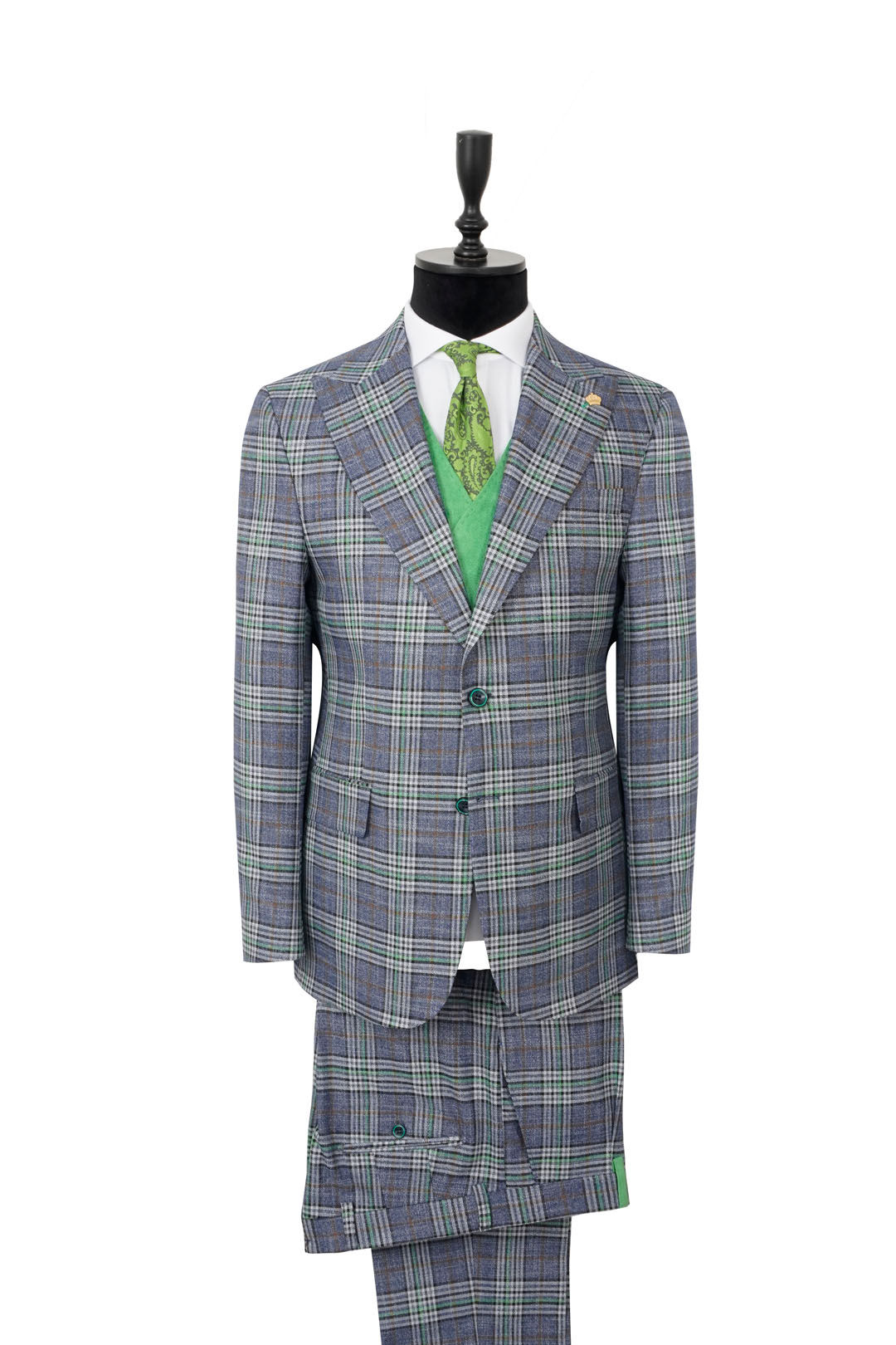 Men's Wide Peak Lapel Suit Blue - Green Checked Mix Wool