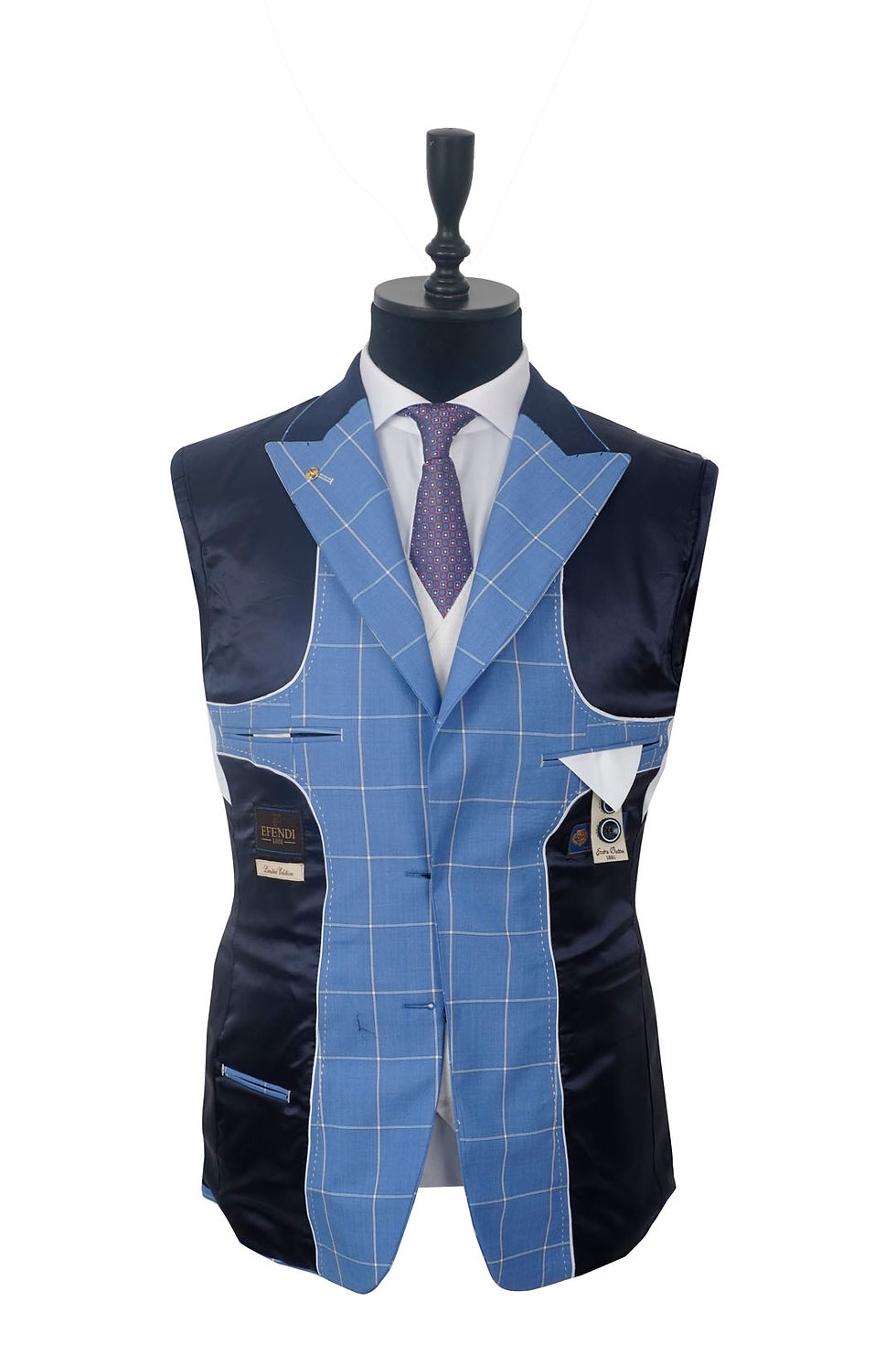 Thumbnail: Men's Wide Peak Lapel Suit  Blue - White Checked Mix Wool