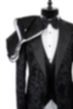 Thumbnail: Men's Ceremony Suit Black Flower Pattern -Grey  Sateen Peak Lapel
