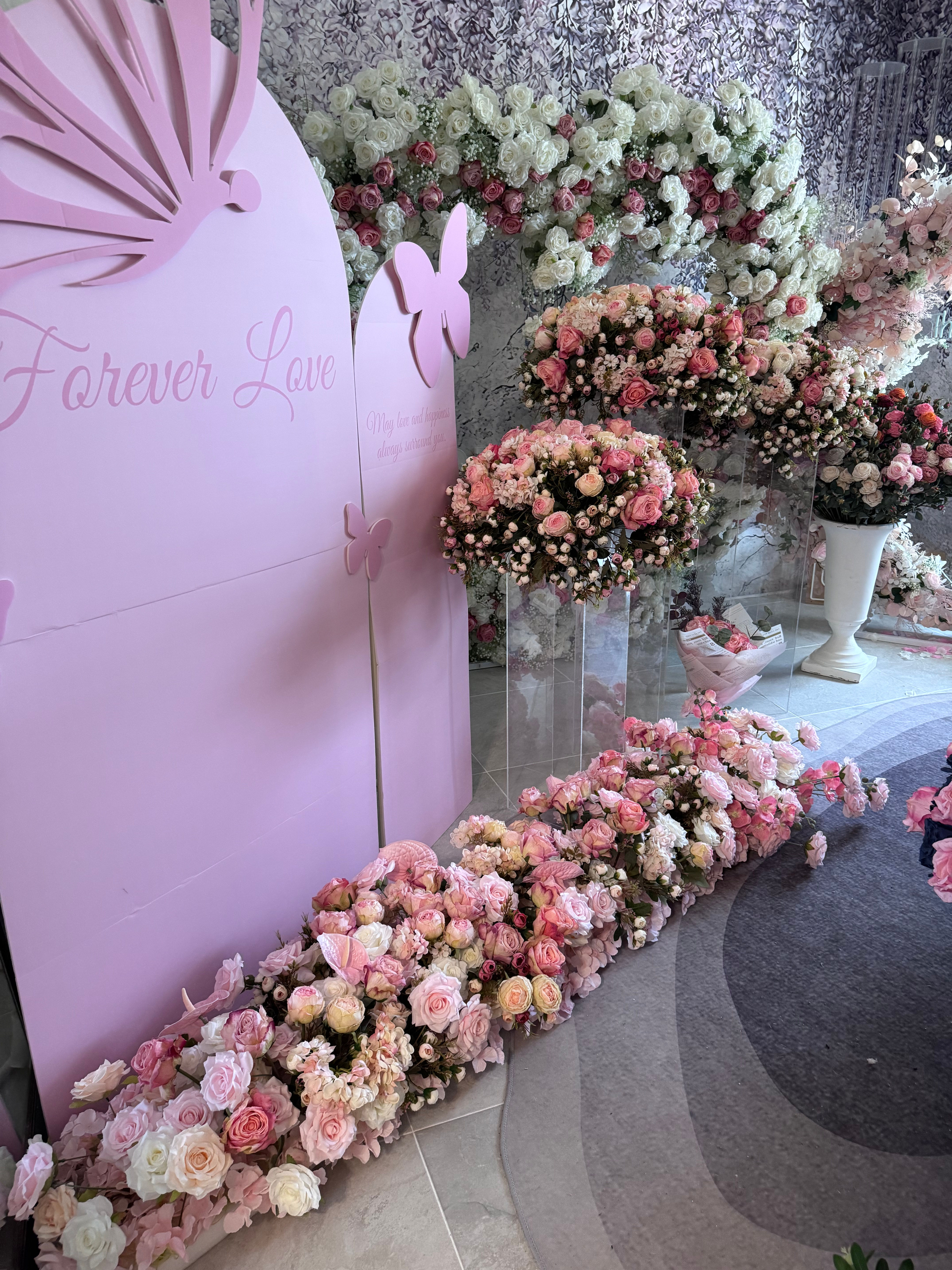 Rental backdrop butterfly pink arch KT panel with customized flower