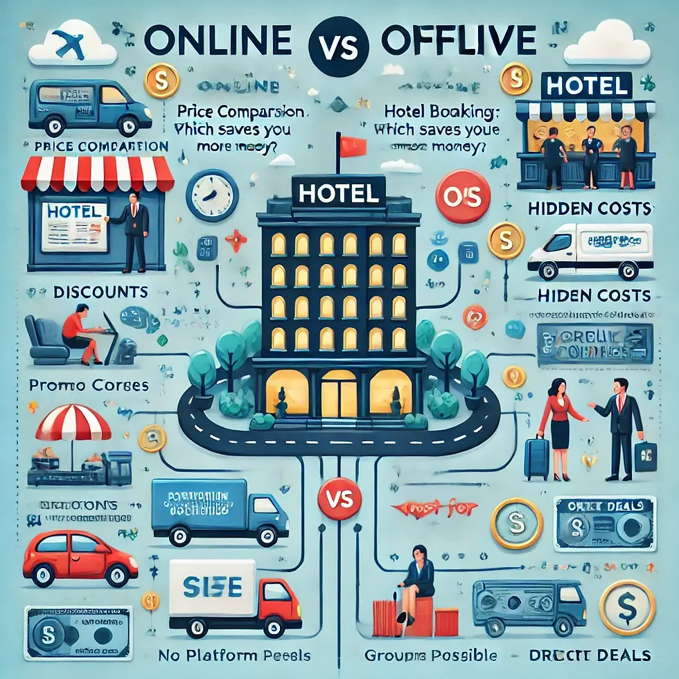 Comparison infographic of online vs offline hotel booking, showing a hotel building. Includes icons for price, discounts, hidden costs.