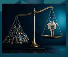 Illustration of scales weighing many small property keys against one large key, representing landlord concentration risk when buying a lettings agency.