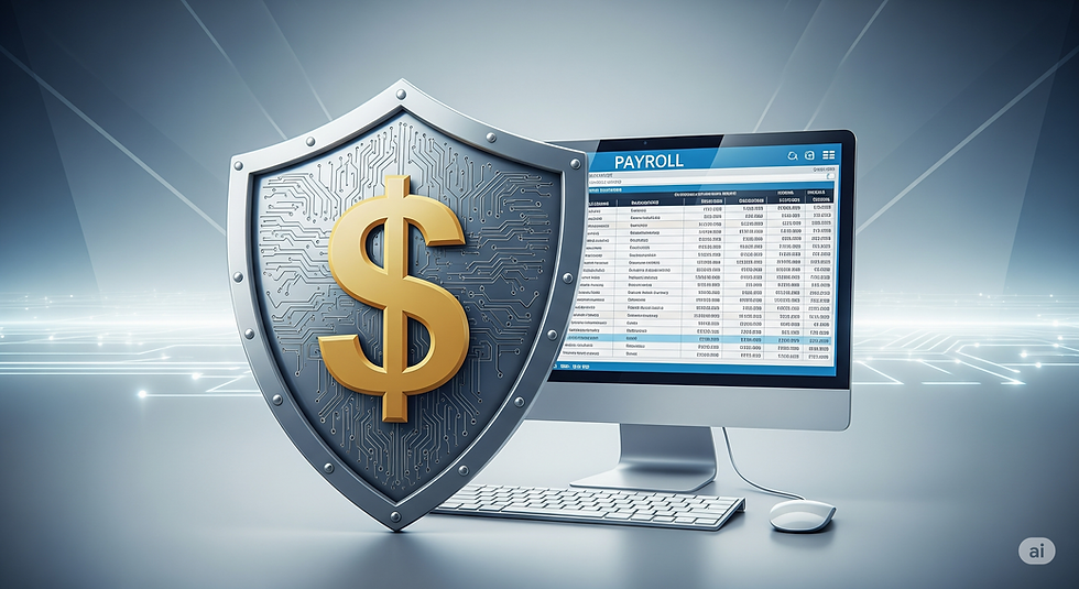 A digital illustration of a shield protecting a payroll system