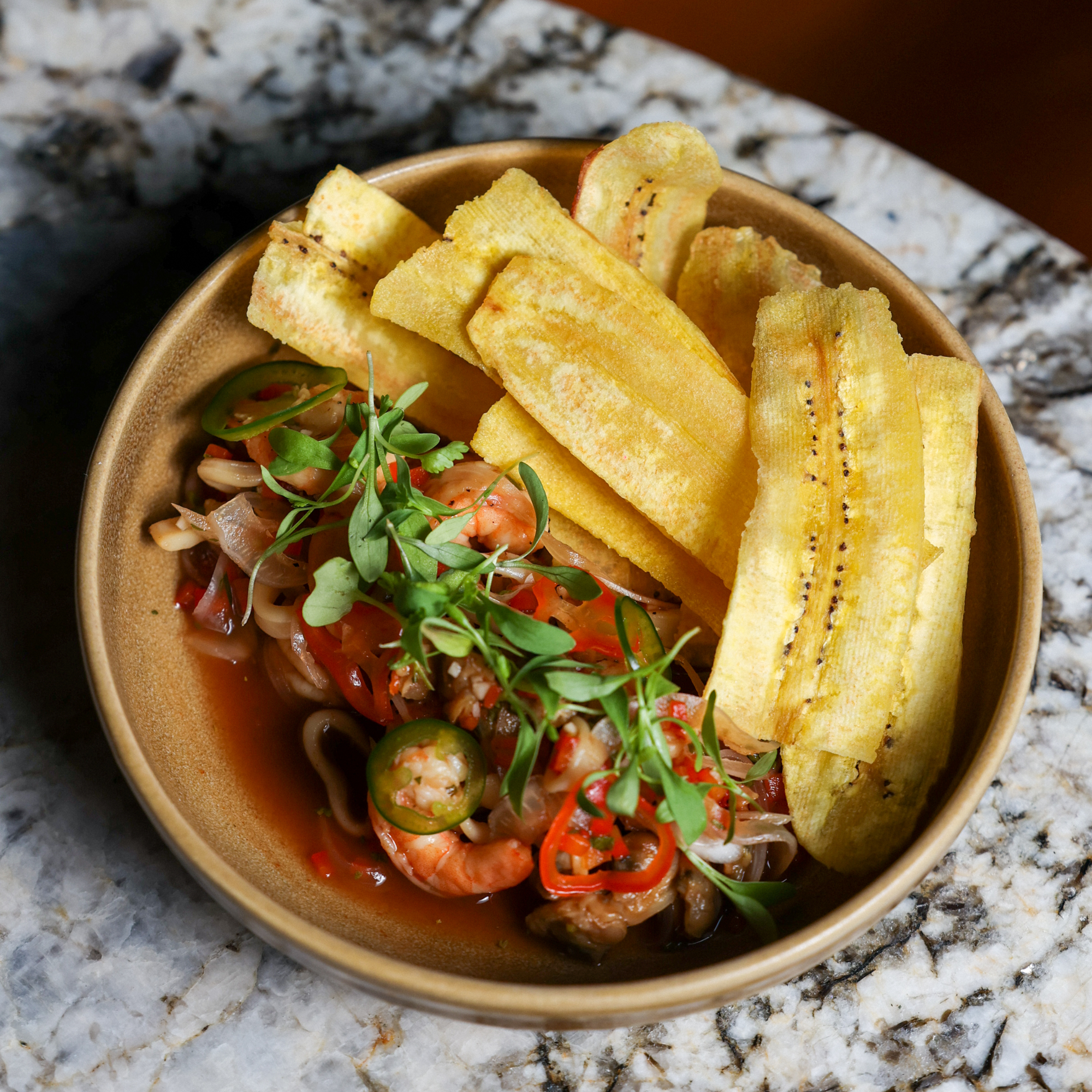 Seafood and plantain bowl at La Estrella Barra Local in Casco Antiguo
