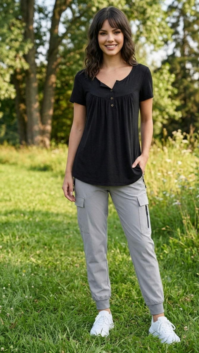 Eine lächelnde Frau mit brünetten, welligen Haaren steht auf einer grünen Wiese vor einem Hintergrund aus Bäumen. Sie trägt ein schwarzes, locker fallendes Kurzarm-Shirt mit einer kleinen Knopfleiste am Ausschnitt, eine hellgraue Cargo-Hose mit Reißverschlusstaschen und weißen Sneakern. Die Lichtstimmung ist sonnig und natürlich.