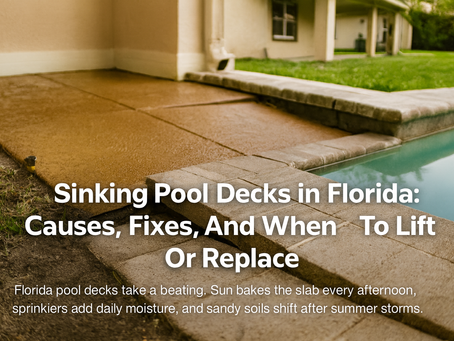 A cracked and uneven Florida pool deck showing signs of sinking near a swimming pool. The light-colored concrete slabs tilt toward the water, surrounded by green grass and tropical plants under afternoon sunlight.