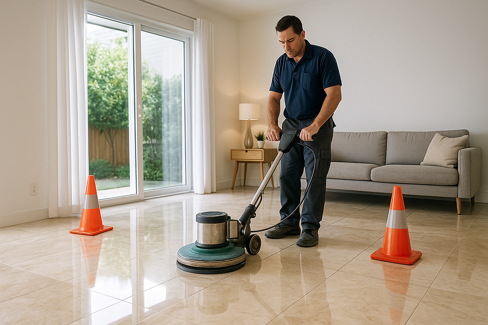 a technician performing marble floor polishing service in a modern living room with reflective marble tiles