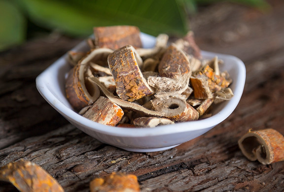 Close up of traditional Chinese medicine mulberry bark with Chinese ancient style backgrou