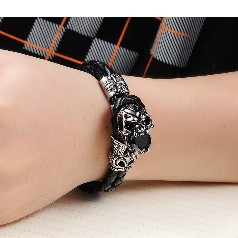 Miniatura: Bracelete Couro Legítimo Caveira com Zircônia