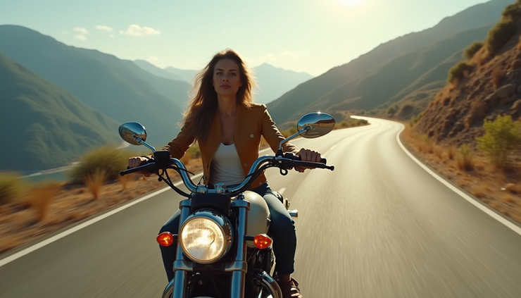 Eye-level view of a woman riding a motorcycle on a winding mountain road