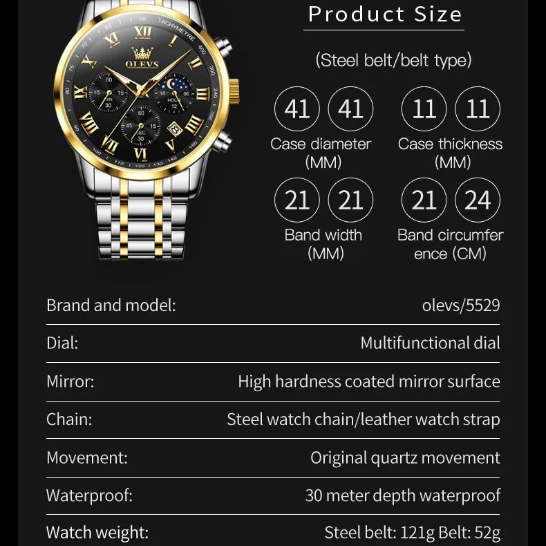 Thumbnail: OLEVS 5529 Top Luxury Brand Men's Watch Waterproof Luminous Stainless Steel Luna