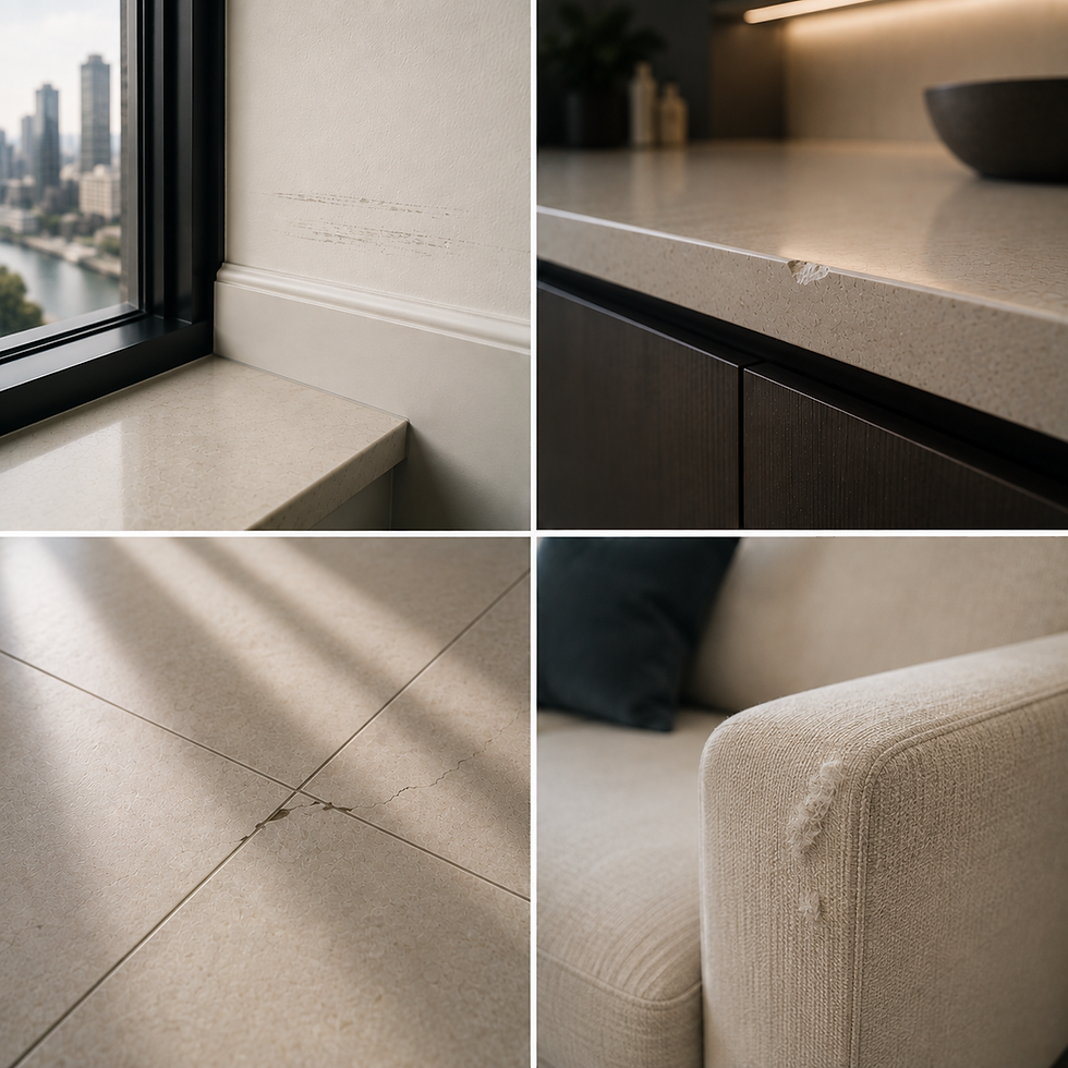 Four-panel collage showing subtle property condition issues including a wall scuff, chipped stone worktop, cracked ceramic floor tile and light pet damage to a sofa, highlighting the importance of professional inventory reporting.
