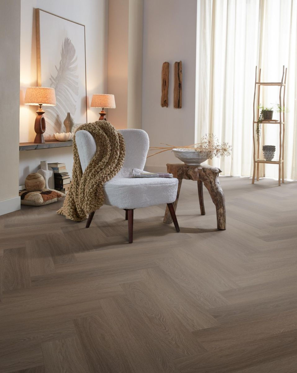 Thumbnail: Ambiant Spigato Estino visgraat dryback brown PVC