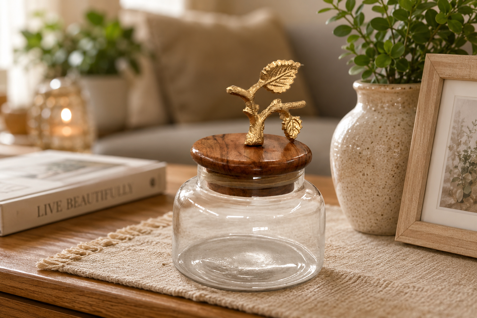 Metal Knob Airtight Glass Jar With wooden lid (Leaf)