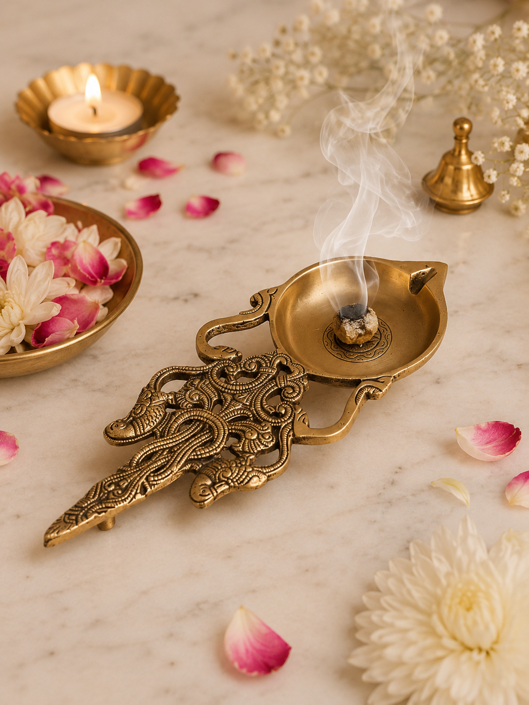 Antique Brass Arti Spoon - Long Handle Kapur Diya