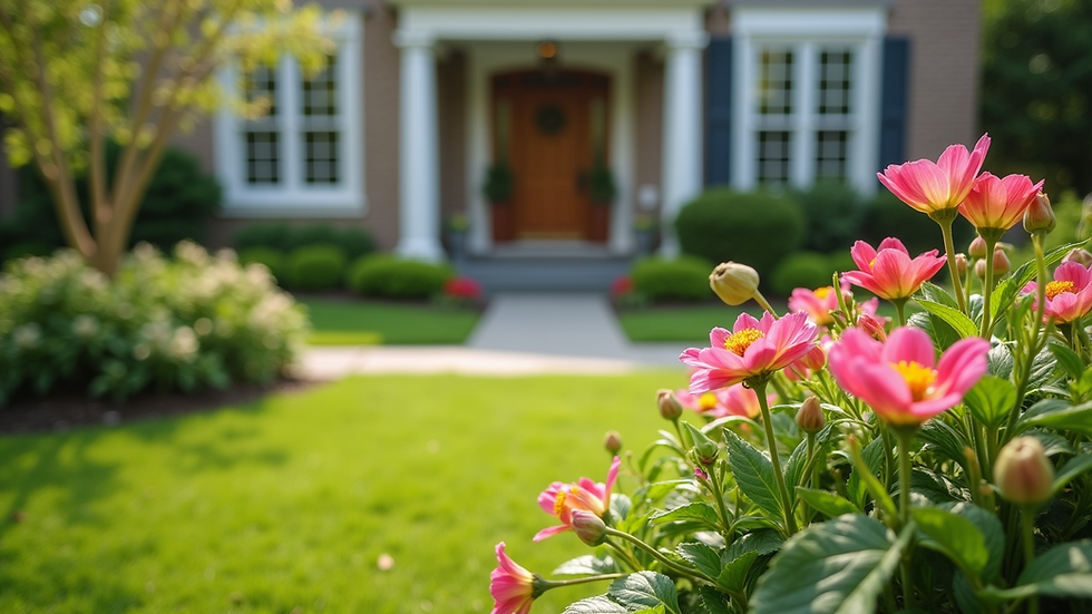 High angle view of a beautifully landscaped front yard